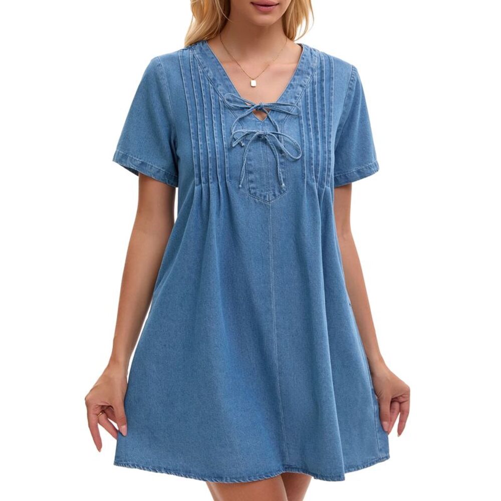 Women's Denim Dress Short Sleeve V Neck Casual Mini Jean Dress Light Blue